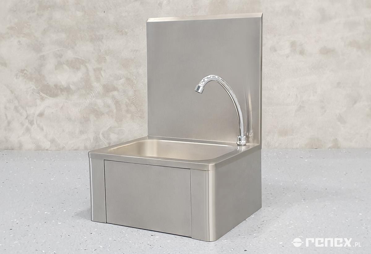 Wash basin with stainless steel mixer, knee operated button