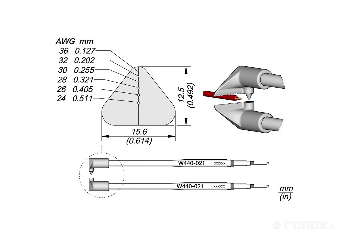 Grot W440021 (AWG 36 do 24) współpracujący z wysokotemperaturową pęsetą do ściągania izolacji WS440