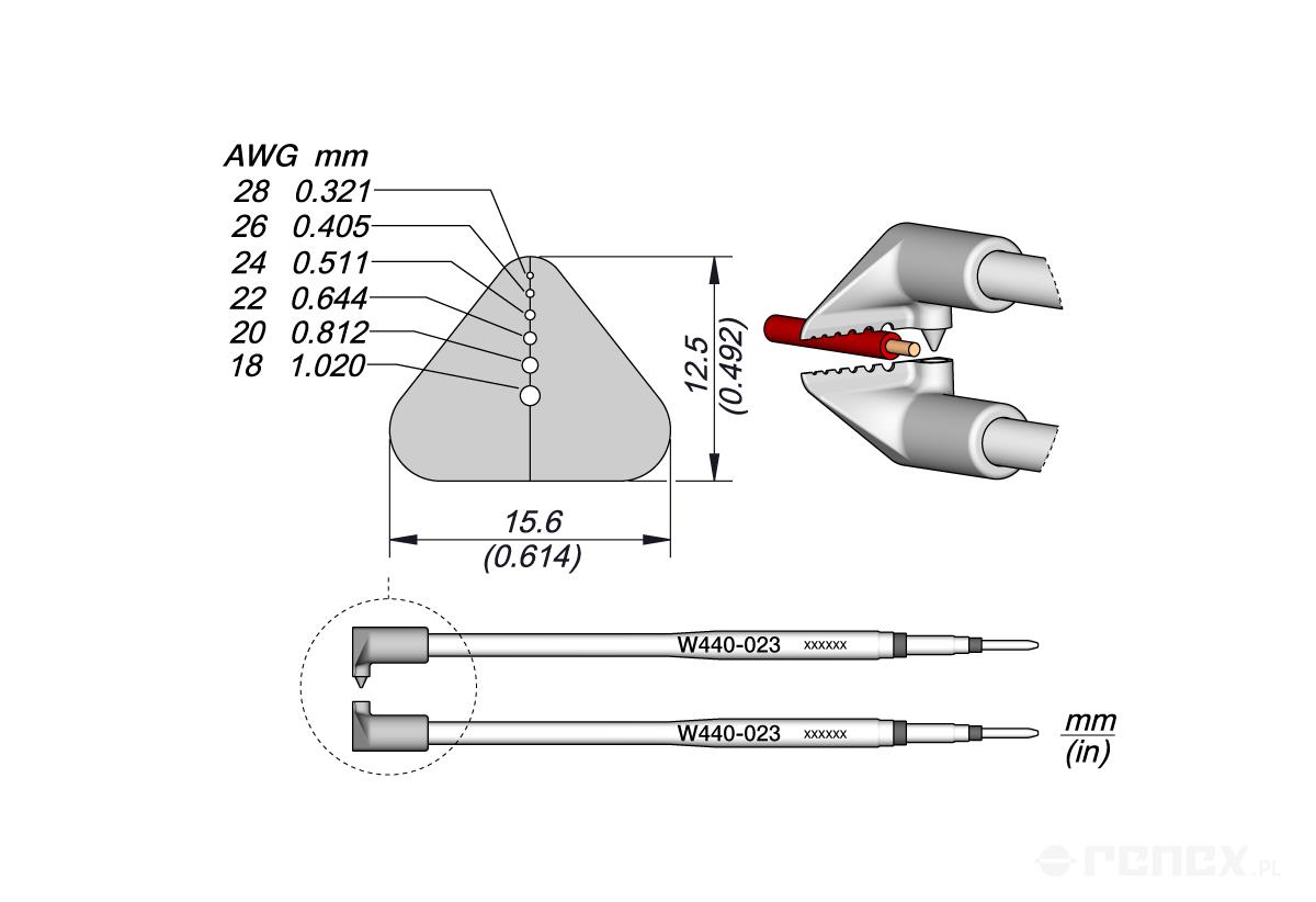 Grot W440023 (AWG 28 do 18) współpracujący z wysokotemperaturową pęsetą do ściągania izolacji WS440